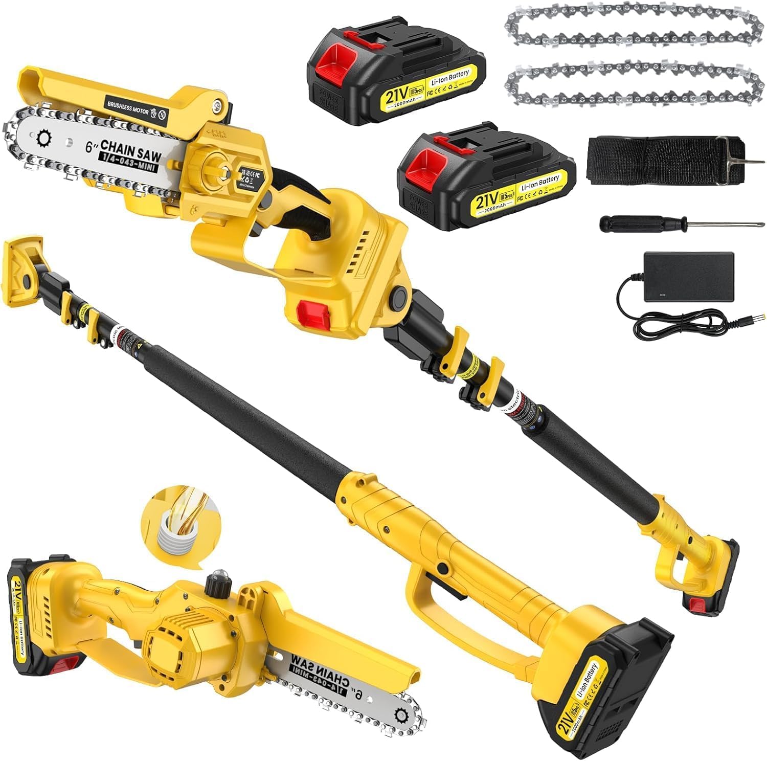 Pole Saw, 2.2M Pole Chainsaw, 6 Inch Mini Chainsaw, 2× 2000 mAh Battery Chainsaw, 1000W Brushless Cordless Pole Saw with Oiler, 180° Adjustable Head for Tree, Branches, Garden, Gifts for Men Fathers