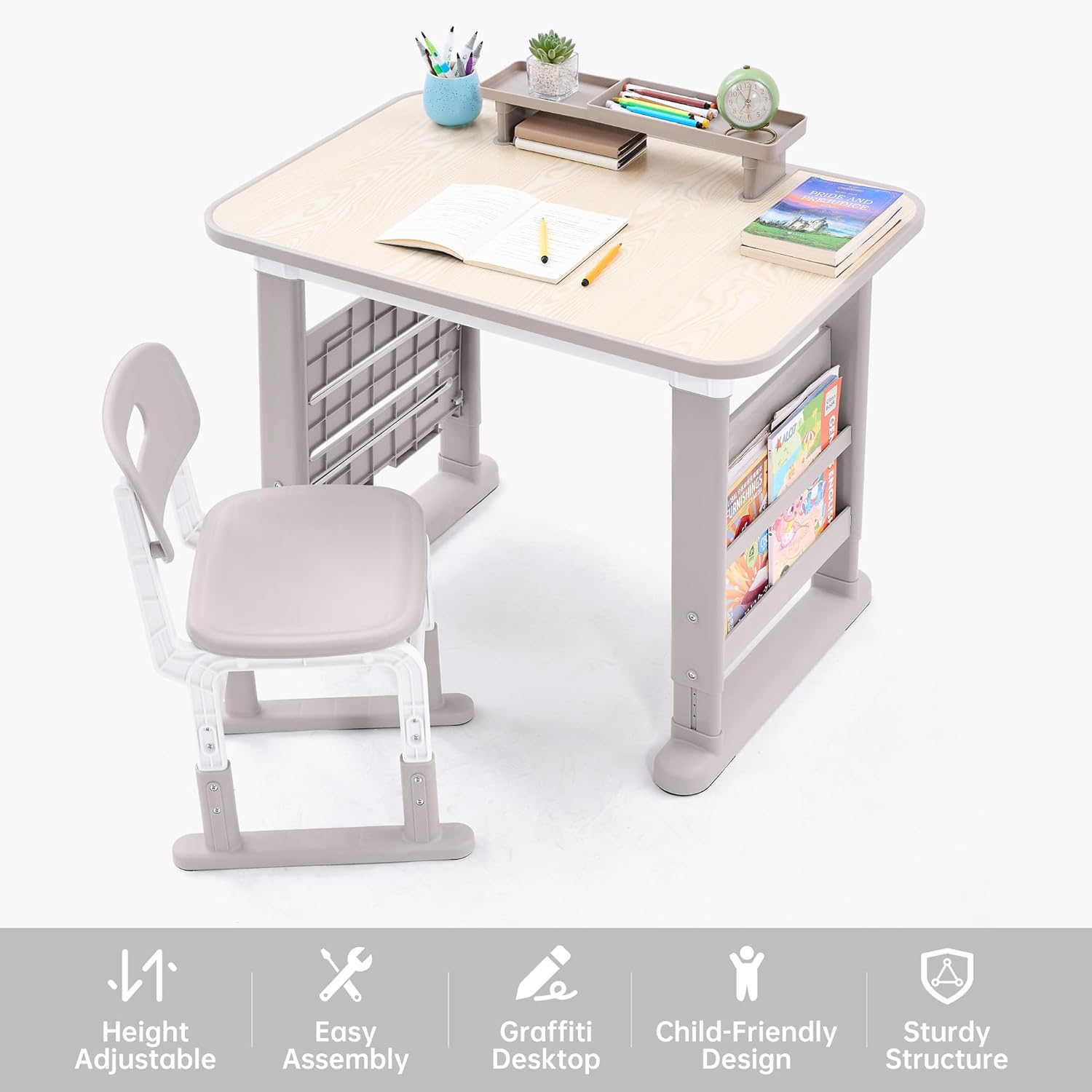Kids Desk and Chair Set, Height Adjustable Childrens Study Desk, Graffiti Table for 3-12 Years, Kids Art Table with Side Bookshelf and Storage, Multi-Functional for Bedroom & Study Room(Grey)