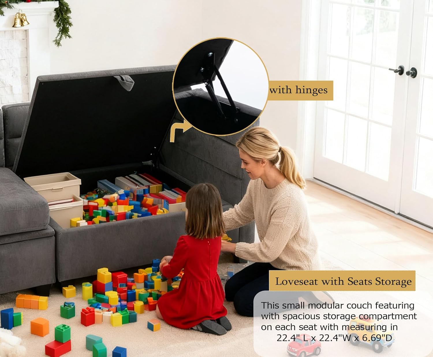 asunflower Loveseat with Storage Seats Modular Sectional Small Couch for Small Spaces with Reclining Arms and Backs 2 Seater Couch Mini Sofa Love Seat for Bedroom,Dorm Room, Living Room(Grey)