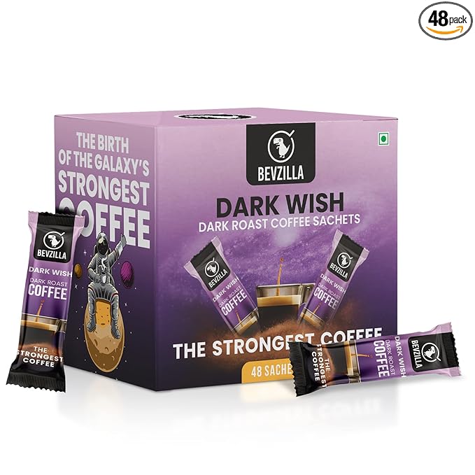 Bevzilla Dark Wish Dark Roast Strong Coffee Powder – 48 Sachets Box | Black Roast Rich & Dark Instant Coffee Powder | Strongest Coffee| Expresso, Cappuccino, Latte| 100% Arabica Coffee| Bold & Intense| Premium Coffee| Makes 48 Cups at Rs. 209