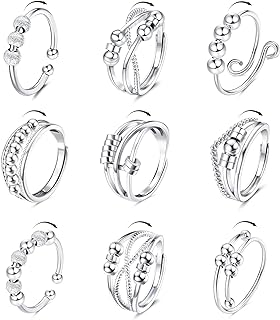 SAILIMUE 9Pcs Anti Anxiety Rings For Women Men Fidget Band Rings Set For Anxiety Unisex Adjustable Stacking Spinner Worry Stress Relief Ring With Beads