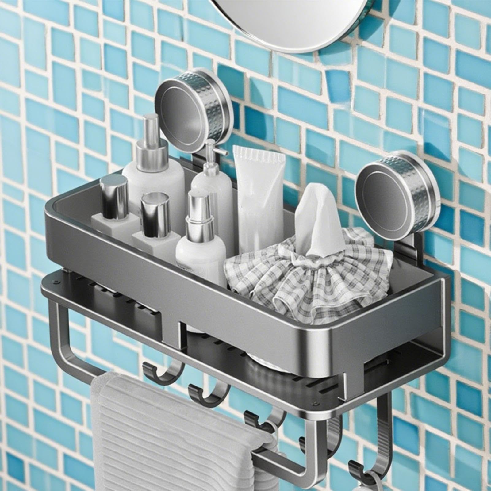 Contenitore per condimenti, organizer per condimenti da cucina, con ventosa, con 5 ganci, gadget da cucina per piastrelle, vetro, metallo, marmo, dispensa, soggiorno, appartamento,