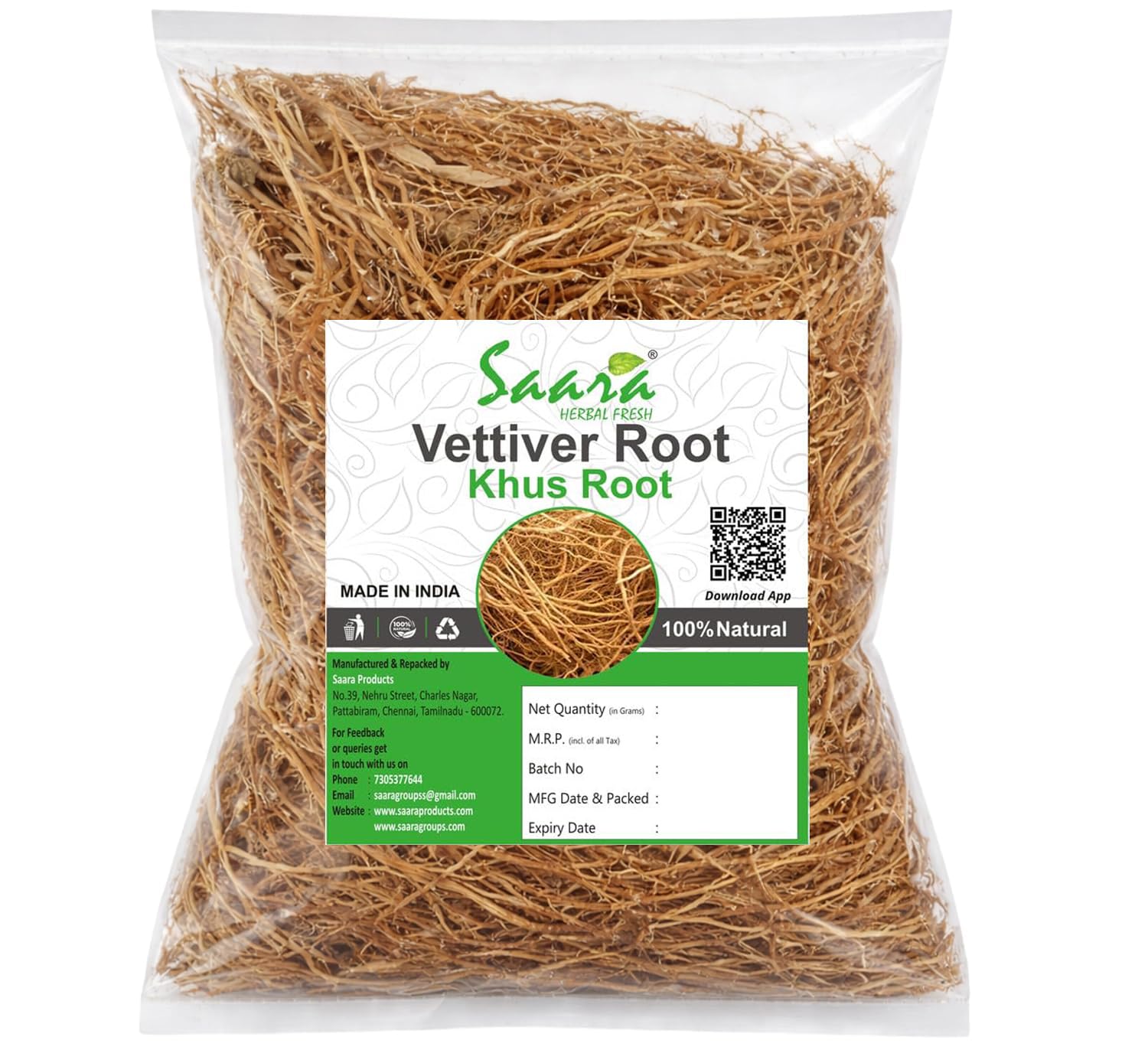 Saara Herbal Fresh Vetiver Grass Root, 25g | Khus Jad