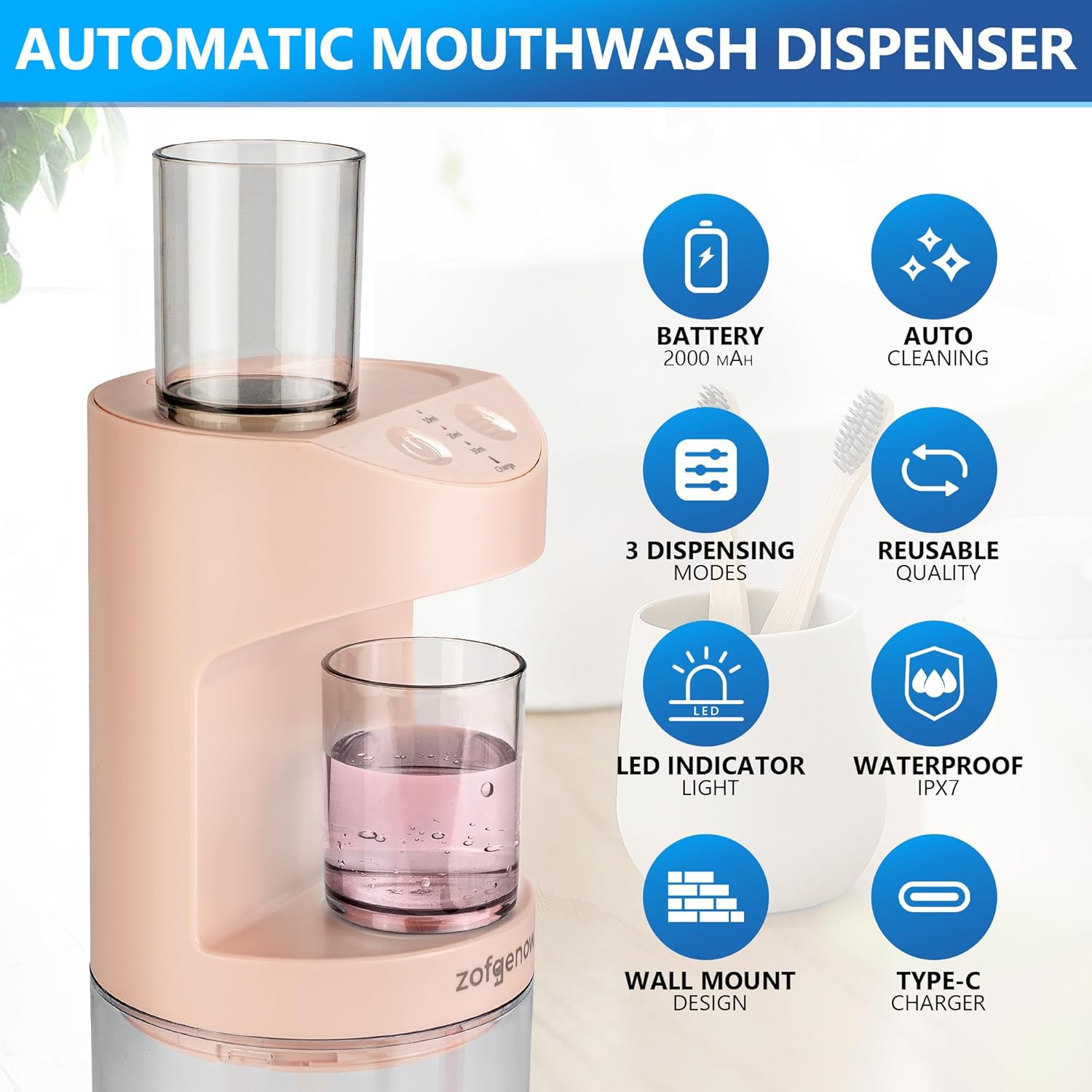 Automatic Mouthwash Dispenser for Bathroom,Bathroom Accessories 19.4 Fl Oz Dispensers with Magnetic Cups,Wall Mounted Dispenser,Suitable for All Age Groups,Pink - Image 3
