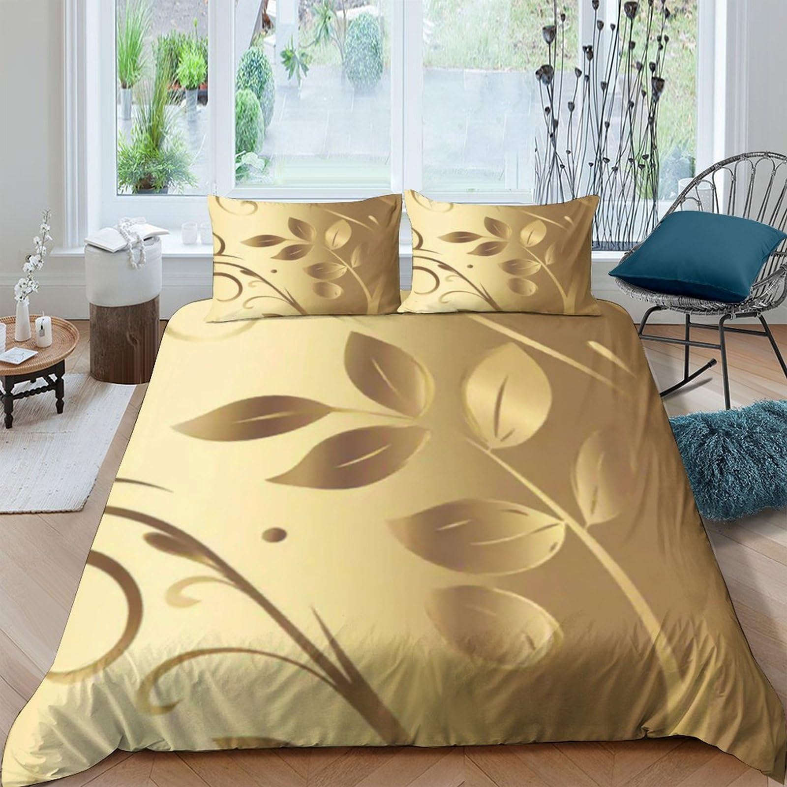 GPLZQXKJNH 3D Printed Golden Leaf Duvet Cover Microfiber Soft Breathable Botanical Pattern Bedding Set with 2 Pillowcases for Bedroom Decor Single（135x200cm）