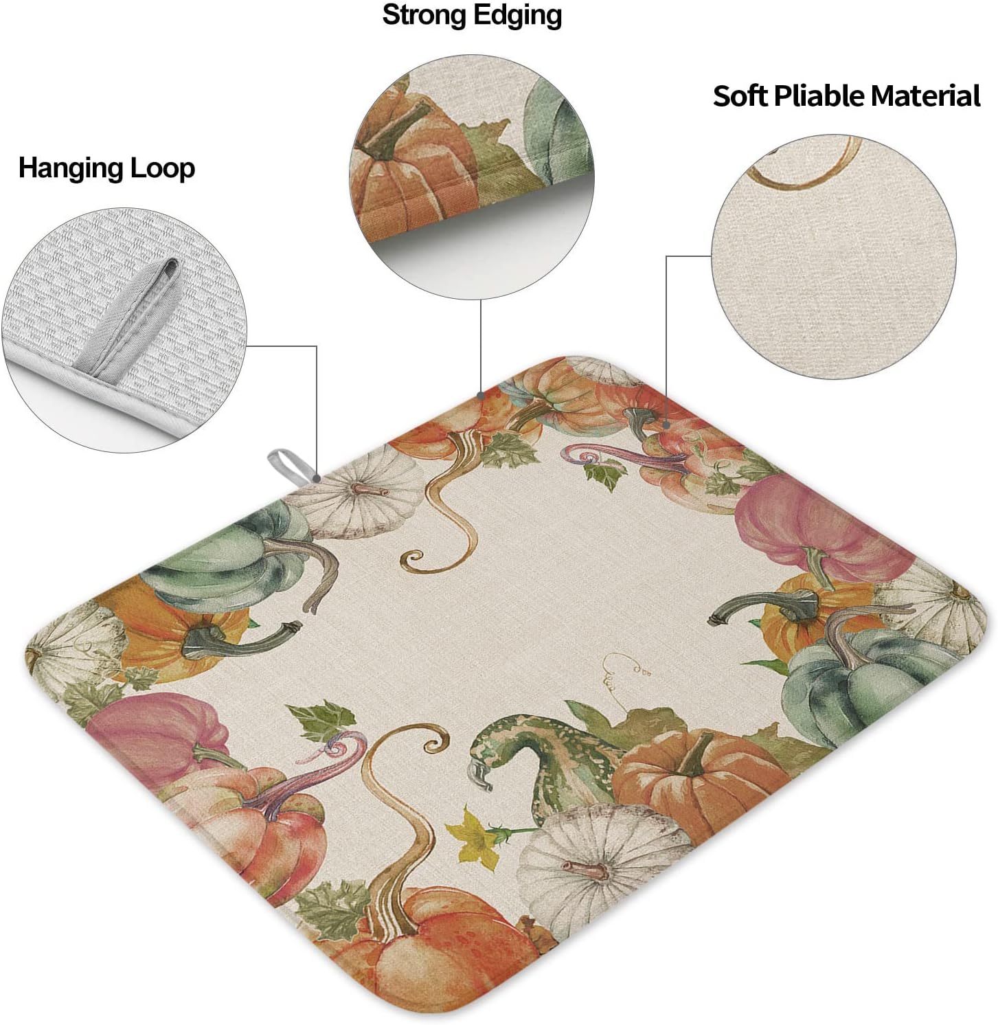 Fall Autumn Pumpkins Dish Drying Mat for Kitchen Counter, Harvest Thanksgiving Maple Leaves Absorbent Reversible Dish Drainer Rack Mats for Coffee Bar Mats 16''x18'' 2 PCS