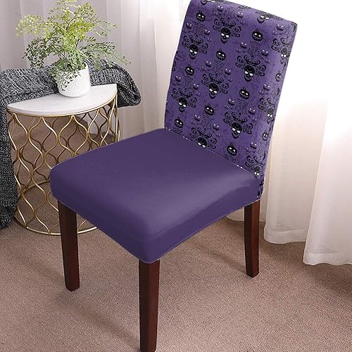 Miniatura 2 de Funda para silla de comedor, diseño de calavera, calabaza, fantasma, mansión encantada, color morado, elástico, extraíble, protector de asiento para