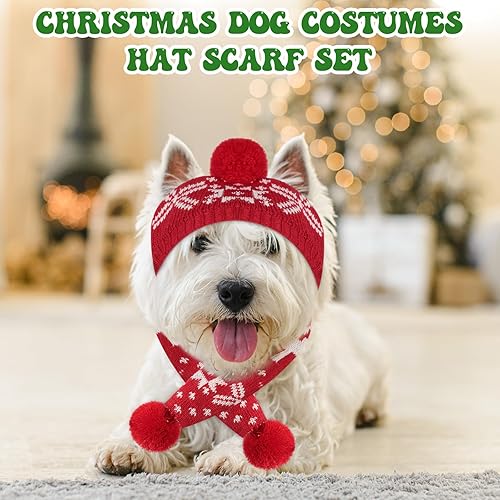 Miniatura 5 de Juego de 2 disfraces de Navidad para perro, sombrero de punto, gorro de invierno, gorro cálido para invierno, bufanda bonita y cálida, accesorios de