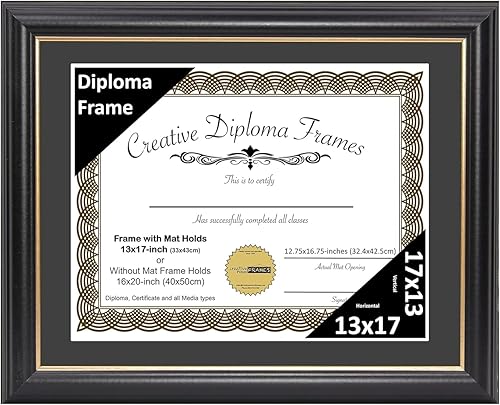 Vista 214 de Creative Picture Frames Marco para diploma Rockefeller de 9 x 12 pulgadas, color negro con borde dorado, muestra un certificado de 9 x 12 pulgadas