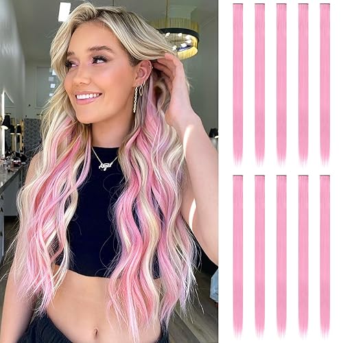FESHFEN Extensiones de cabello con clip de colores, 10 piezas de cabello sintético lacio con reflejos rosados para mujer, 22 pulgadas