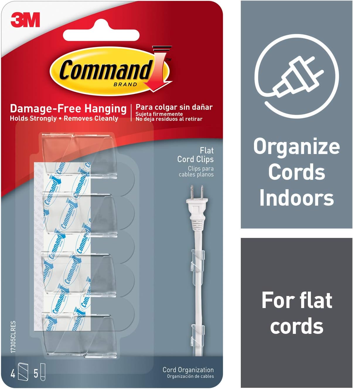 Command 17305CLR 5 Adhesive Strips Cord, Flat, Clear, 4-Clips (17305CLR-ES)