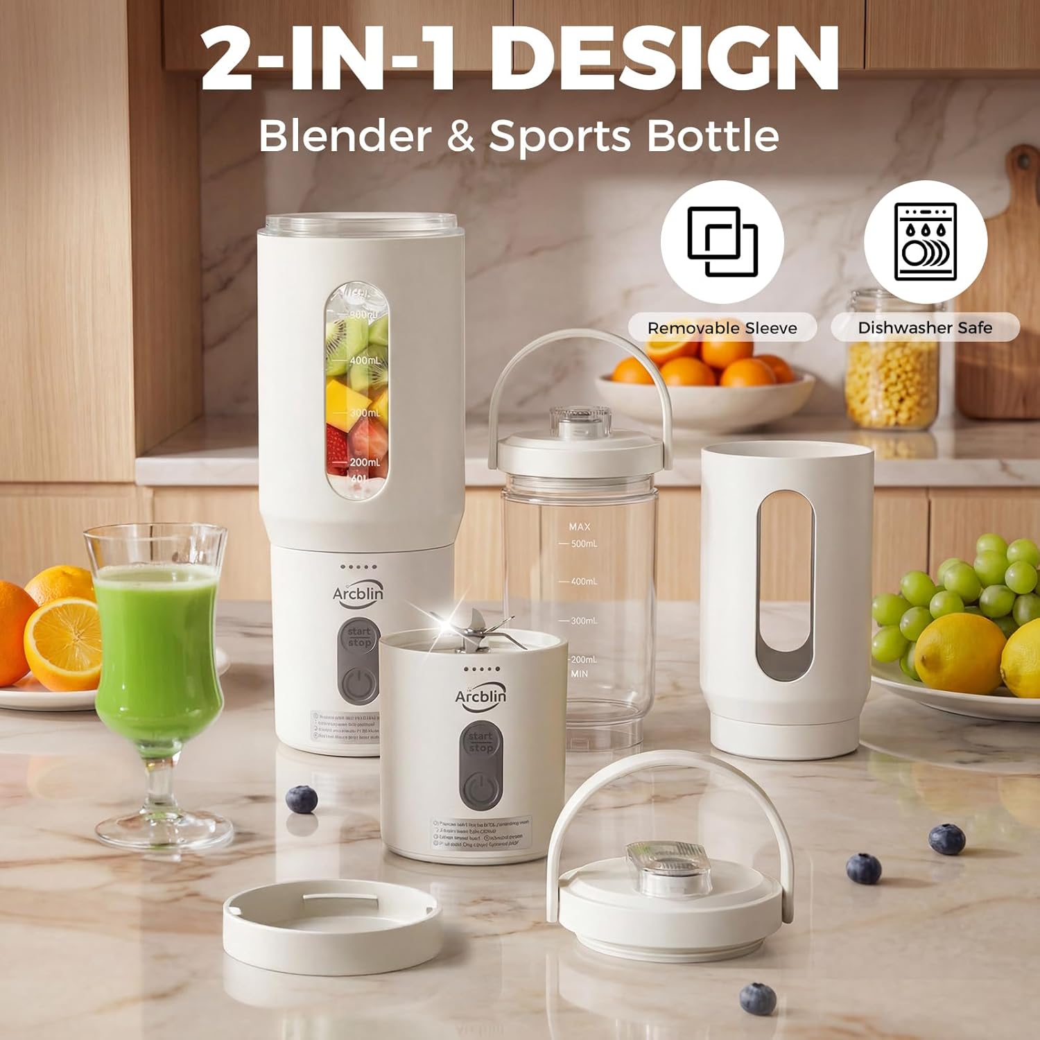 Portable Blender for Shakes and Smoothies, 17oz Personal Blender with Detachable To-Go Cup & Carry Handle, USB-C Rechargeable Mini Juicer, Auto-Shutoff, BPA Free, Dishwasher Safe, White