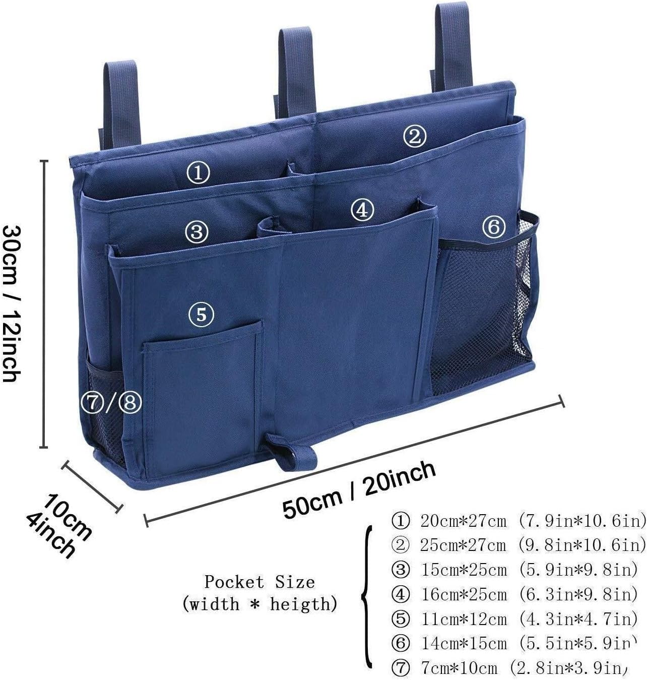 Bedside Caddy Organizer with 3 Adjustable Buckles - Hanging Storage for Phone, Books & Accessories - Fits Bed Rails, Dorms & Travel(A)