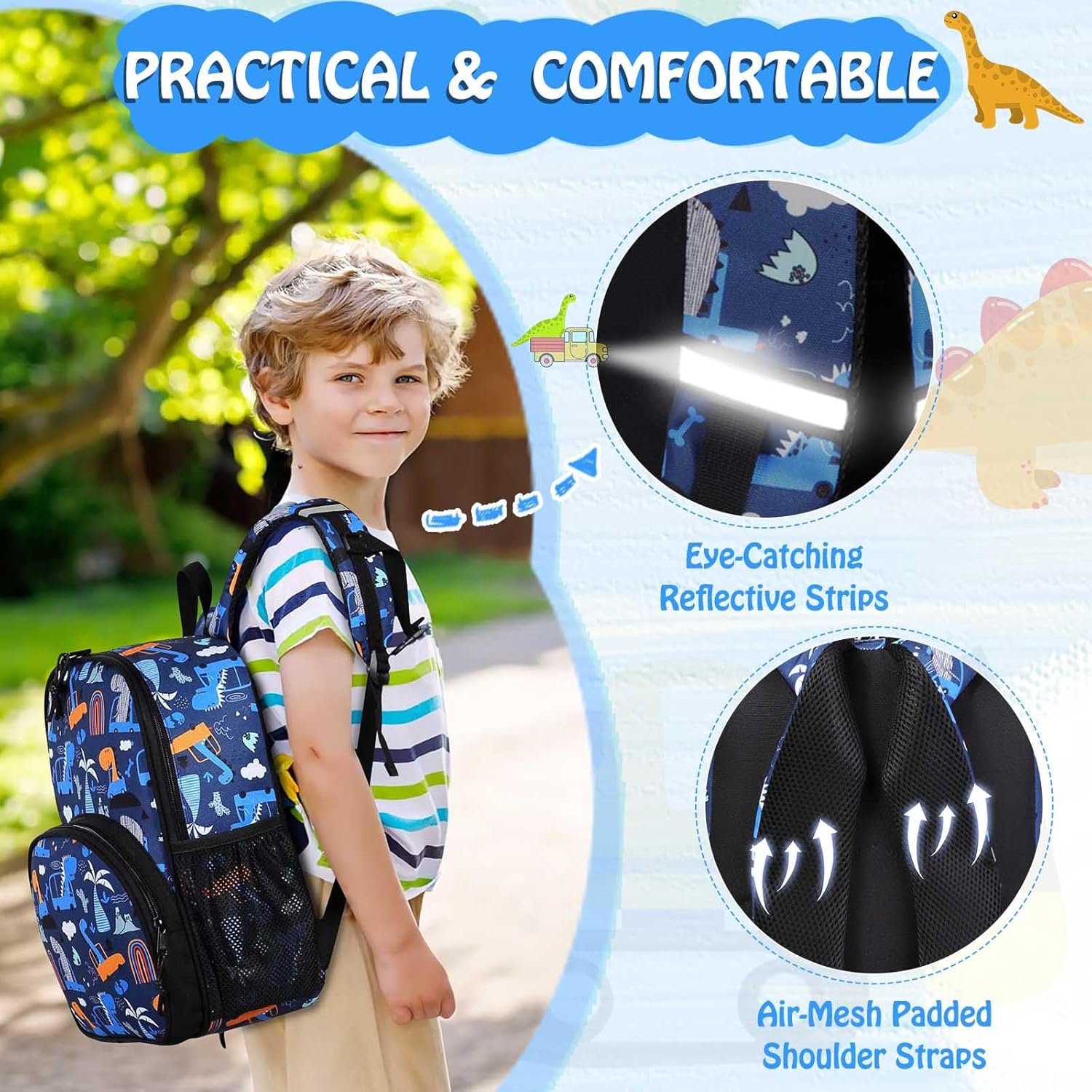 Kasqo Toddler Backpack, Water Resistant Preschool Kids Bookbag Kindergarten Daycare Schoolbag for Boys and Girls 3-6 Years,Dinosaur Car - Image 3