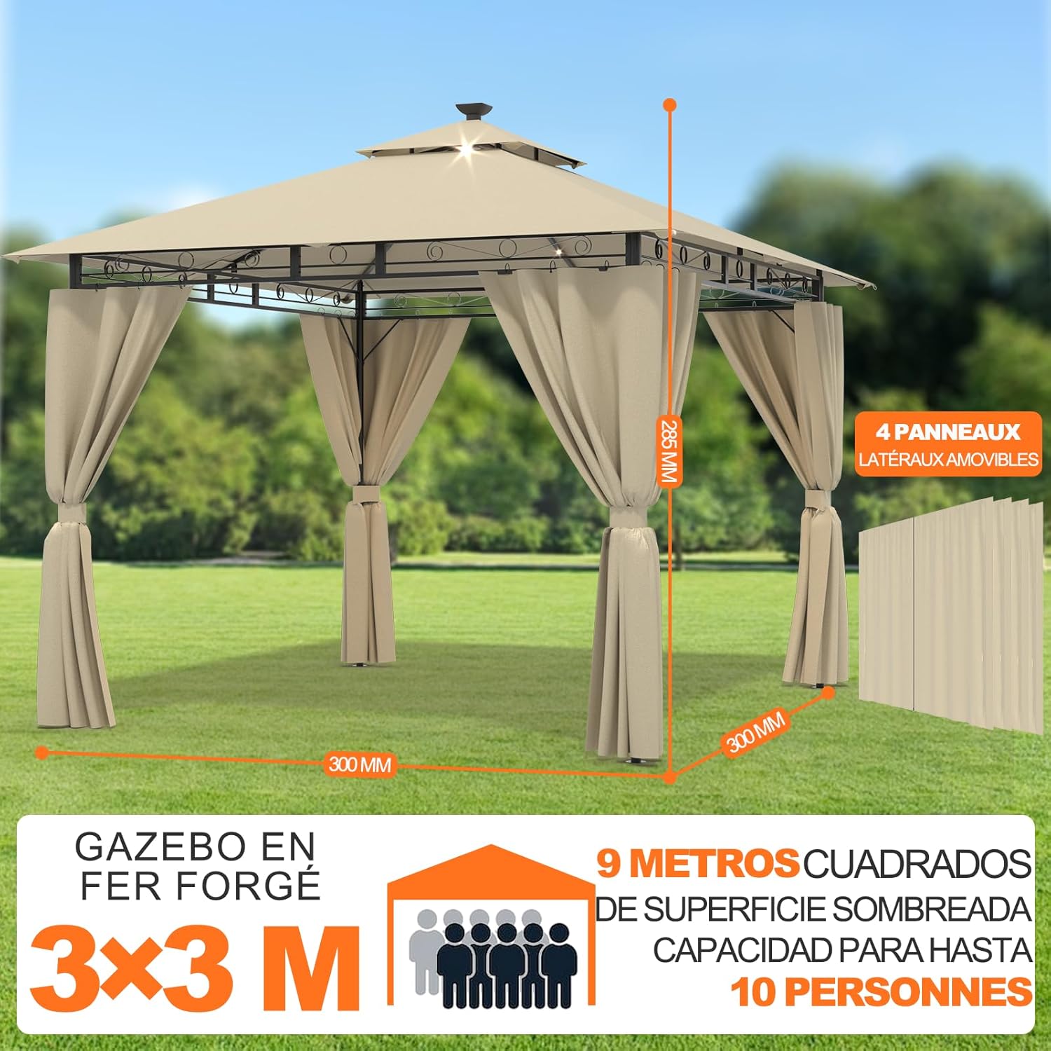 Diagram showing the dimensions of the Devoko 3x3m gazebo, including height and width, with removable side panels.
