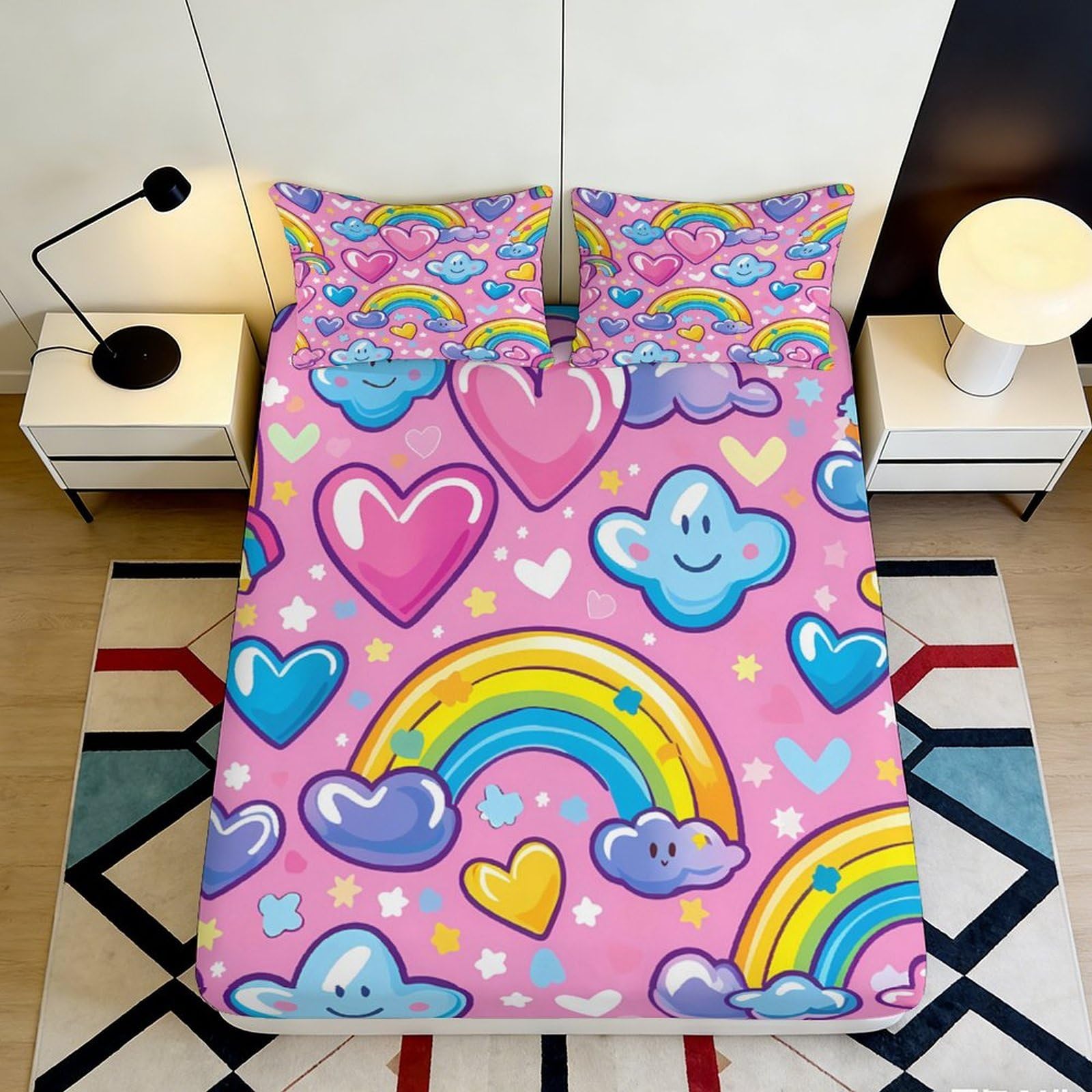 3D Printed Rainbow Heart Fitted Sheet Microfiber Soft Breathable Cloud Bed Cover for Bedroom Dormitory Guest Room Mattress Protection Decor 140x200x25cm