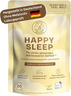 Happy Sleep Pulver - Besser schlafen ohne Melatonin - Natürliche Einschlafhilfe Erwachsene - Mit Magnesium, Lavendel-Extrakt, Glycin & Inositol - 30 Portionen - Zuckerfrei - Vegan - Vanille-Geschmack