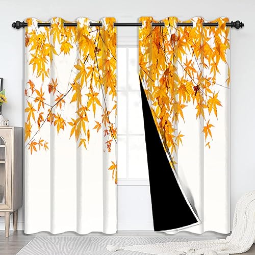Renaiss Cortinas de hojas de otoño, color amarillo dorado, hojas de arce de otoño, cortinas de ventana para sala de estar, cortinas opacas con