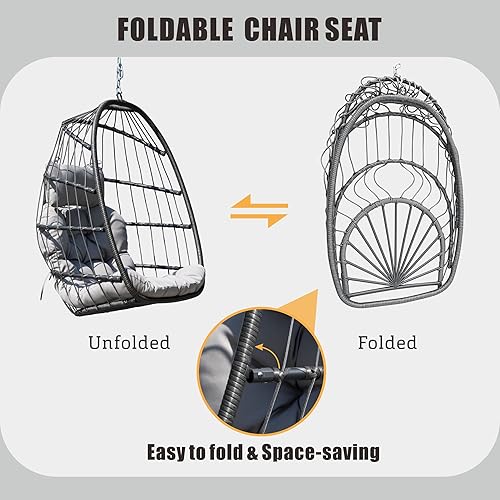 Miniatura 6 de HWB Silla colgante de huevo con soporte, silla columpio de mimbre para patio con cojín para dormitorio, jardín, interior y exterior (gris)