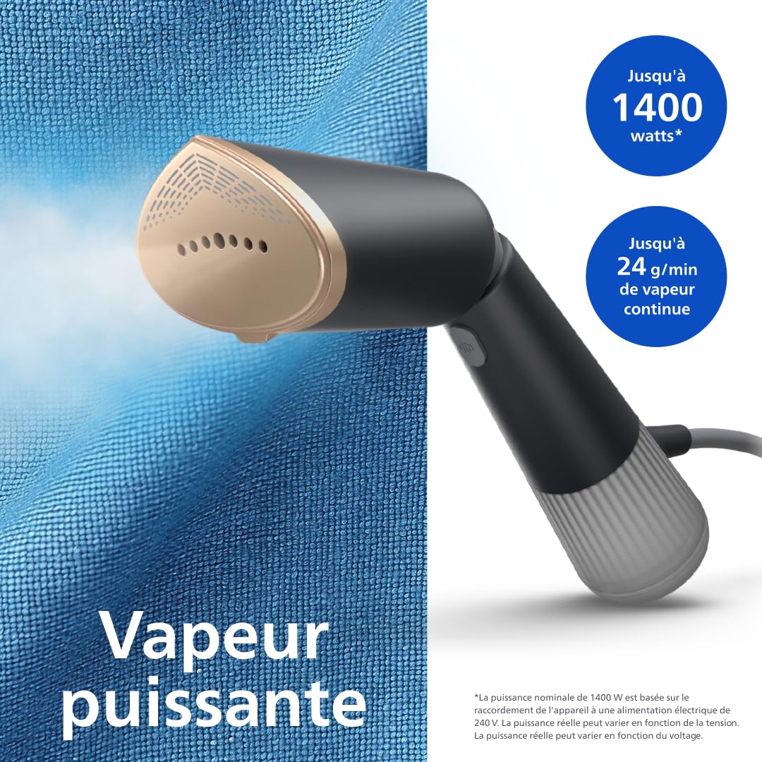 Philips Défroisseur à Main 5000 Séries - Steamer 1300W, Vapeur 24g/min, Réservoirs 120ml & 200ml, prêt en 35sec, réglages Eco & Max, Pochette & gant, Léger 720g, gris anthracite (STH5030/80)