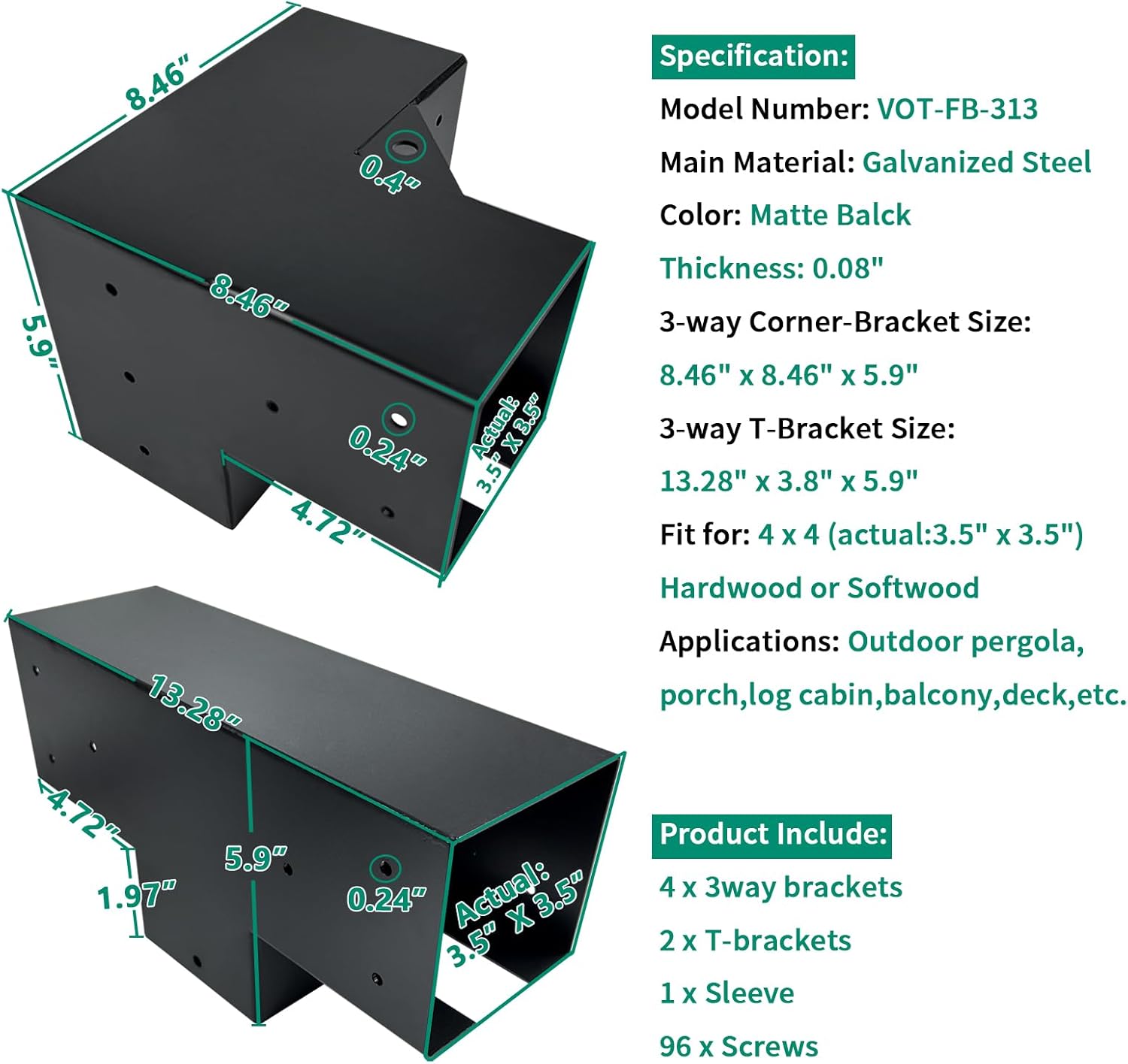 Pergola Bracket kit,3-Way Right Angle Corner & T-Shaped Flat Bracket for 4" x 4" (Actual: 3.5" x3.5'') Wood Beam for Outdoor Gazebos,Patio Pergolas,Log Cabins - 6Pack