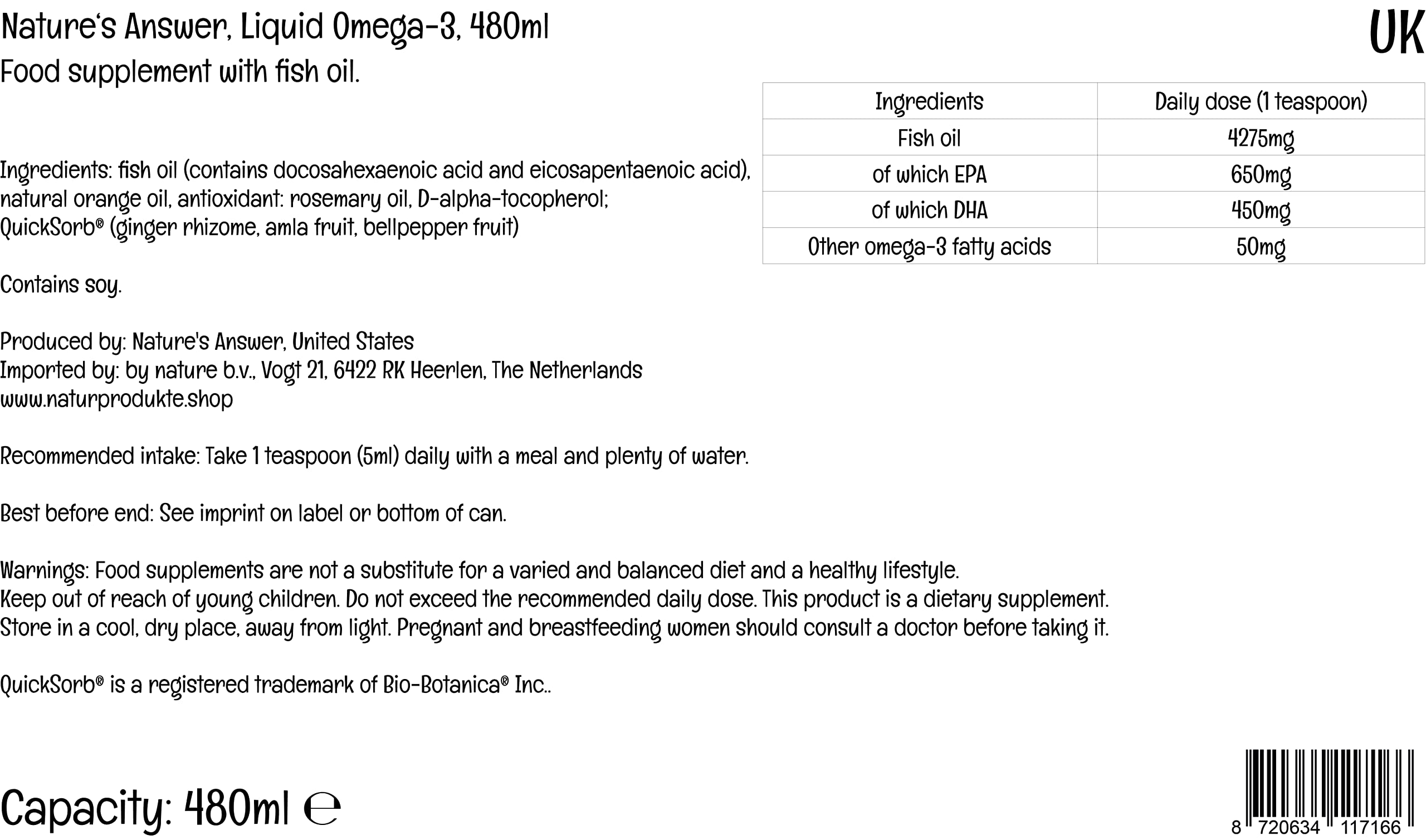 Nature's Answer, Płyn Omega-3 (płyn Omega-3), z EPA i DHA, wysoka dawka, 480 ml, testowany laboratoryjnie, bezglutenowy, bez GMO