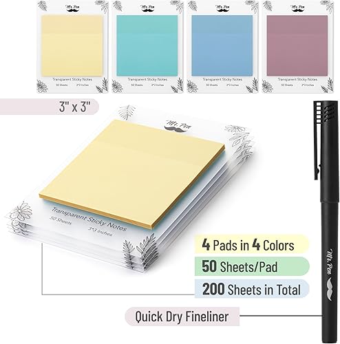 Miniatura 10 de Mr. Pen - Notas adhesivas transparentes, 3 x 3, 200 hojas, colores pastel, notas adhesivas transparentes, notas adhesivas transparentes, notas