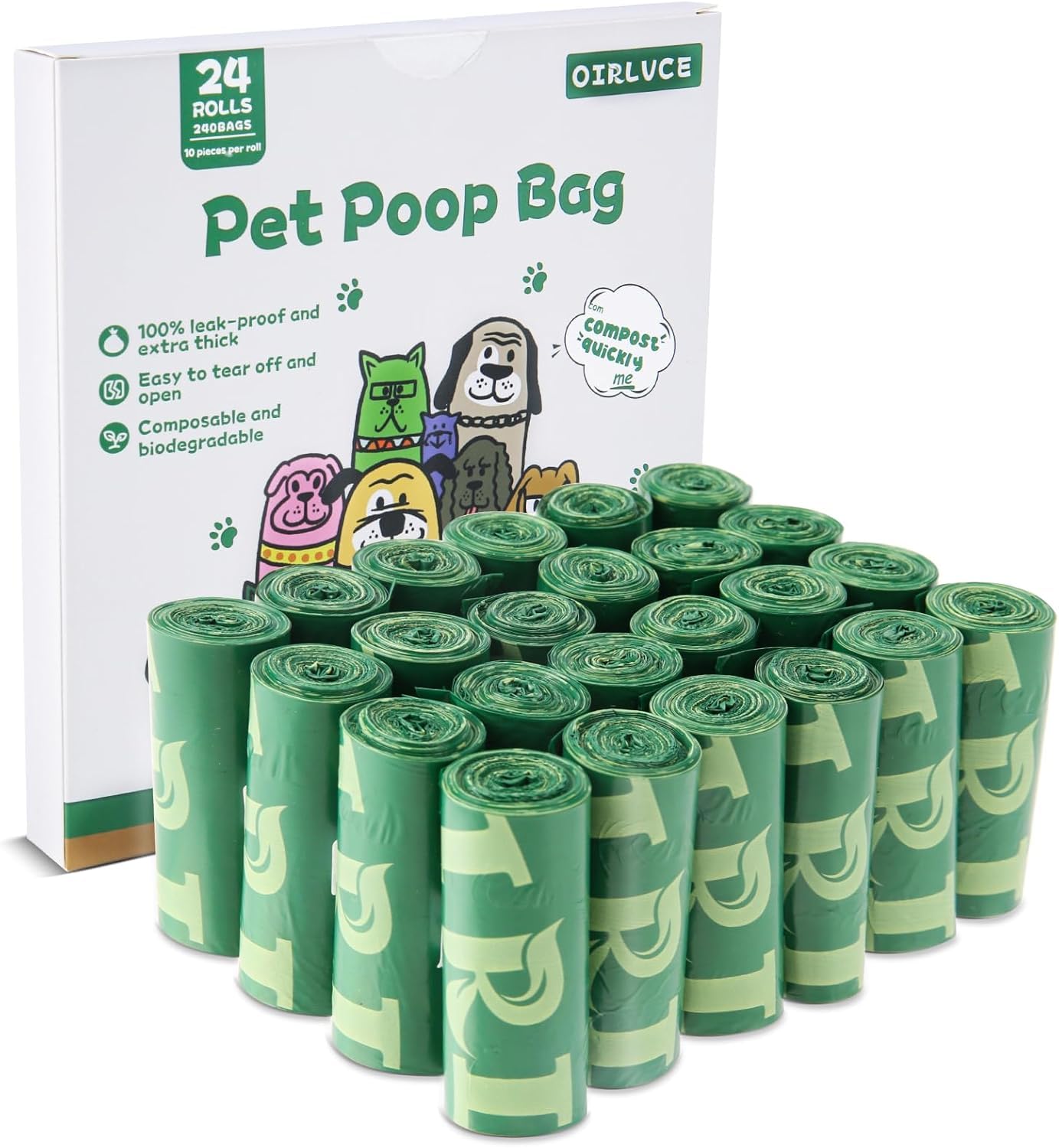 240 Dog Poo Bags 24 Rolls Coreless Dog Poop Bags, Extra Thick Strong Leak Proof Dog Waste Bags, Green, 1 count (Pack of 240)