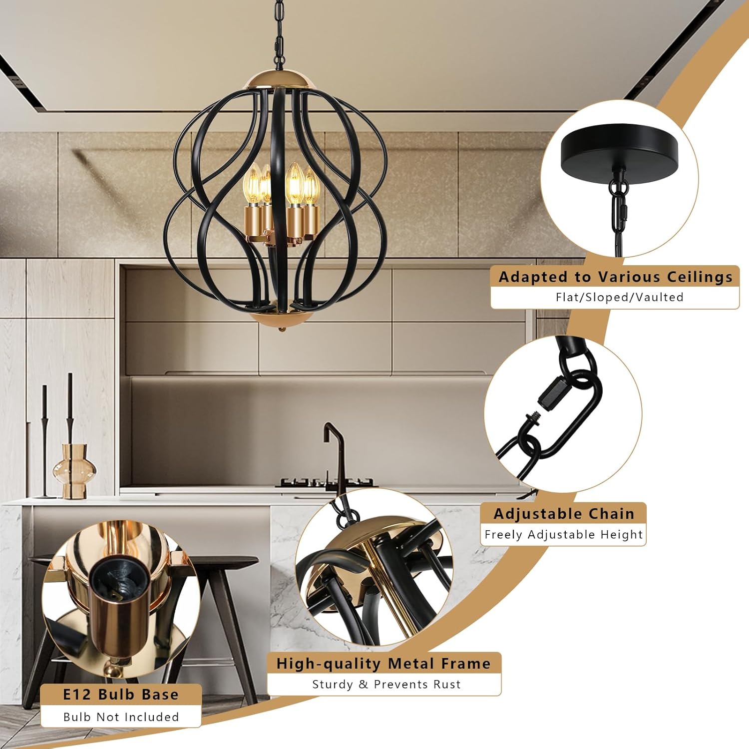 Black and Gold Chandelier for Dining Room, 4-Light Modern Farmhouse Chandelier Light Fixture, Adjustable Industrial Pendant Lights Kitchen Island, Hanging Chandeliers for Living Room Foyer