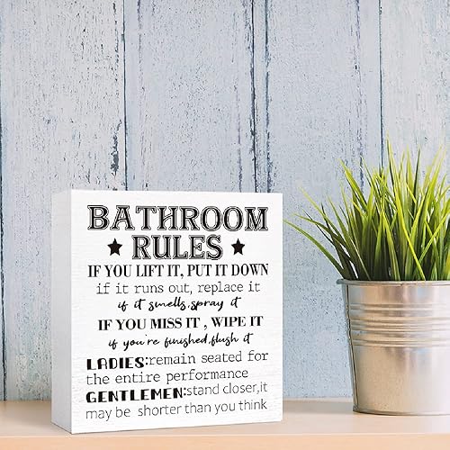 Miniatura 6 de Letrero de reglas de baño, bloque de madera, divertidos letreros de baño de madera para estantes, baño, baño, estantes, decoración, 5 pulgadas de