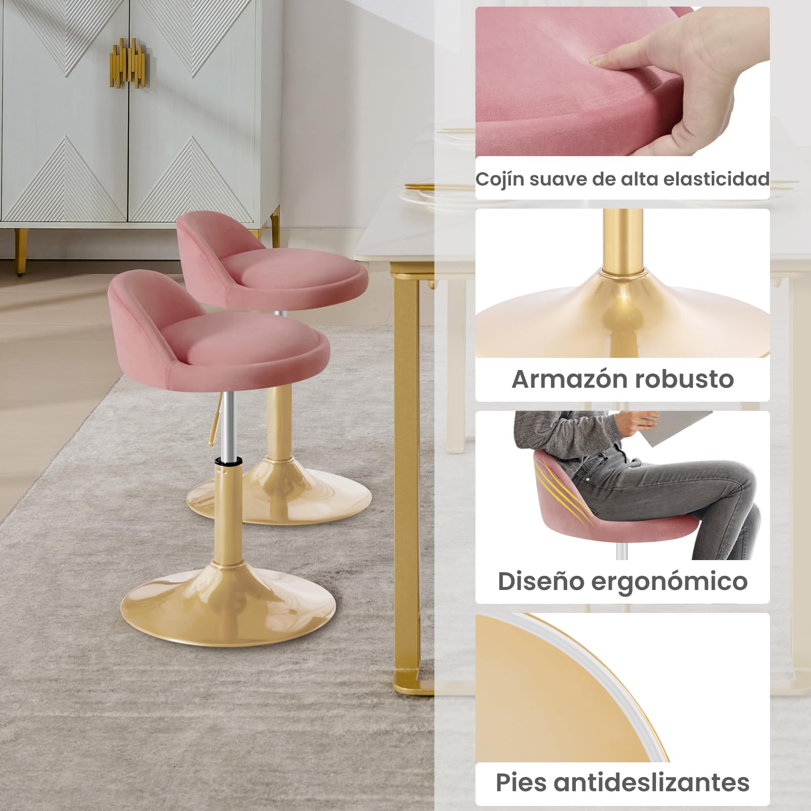 WOLTU Taburete Bajo con Respaldo Terciopelo, Rosa+Dorado