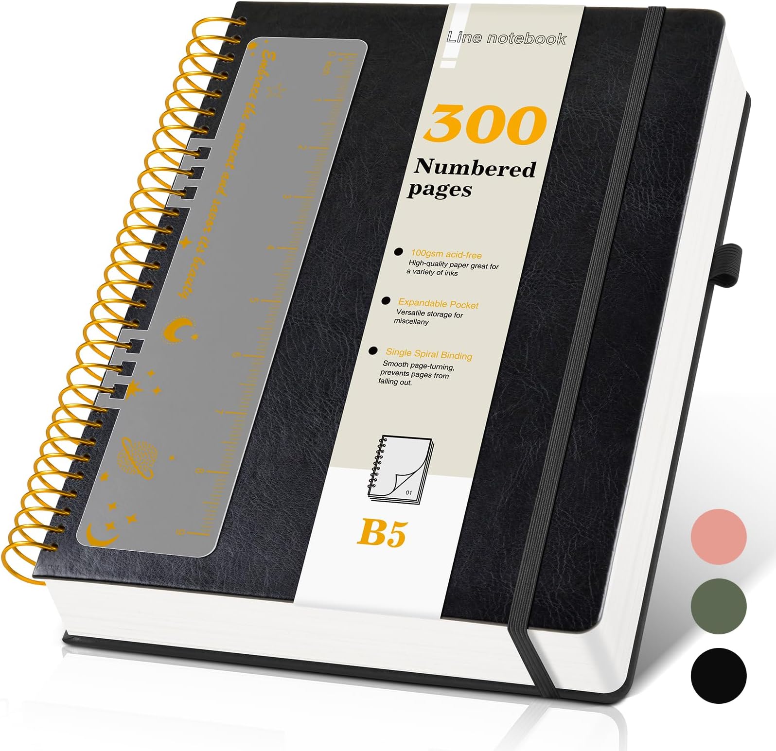 B5 Spiral Notebook Journal 7.6” x 10”, 300 Numbered Pages Hardcover Leather Journals for Women Men, Large Lined College Ruled Notebooks, 100GSM Thick Paper, Spiral Bound Journal for Work School, Black