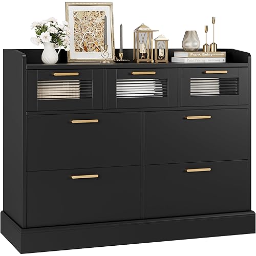 HOSTACK Modern 7 Drawer Dresser, Wide Chest of Drawers with Fence, Wood Storage Organizer with Gold Handle & Fluted Glass, Accent Storage Cabinet for Living Room, Entryway, Black