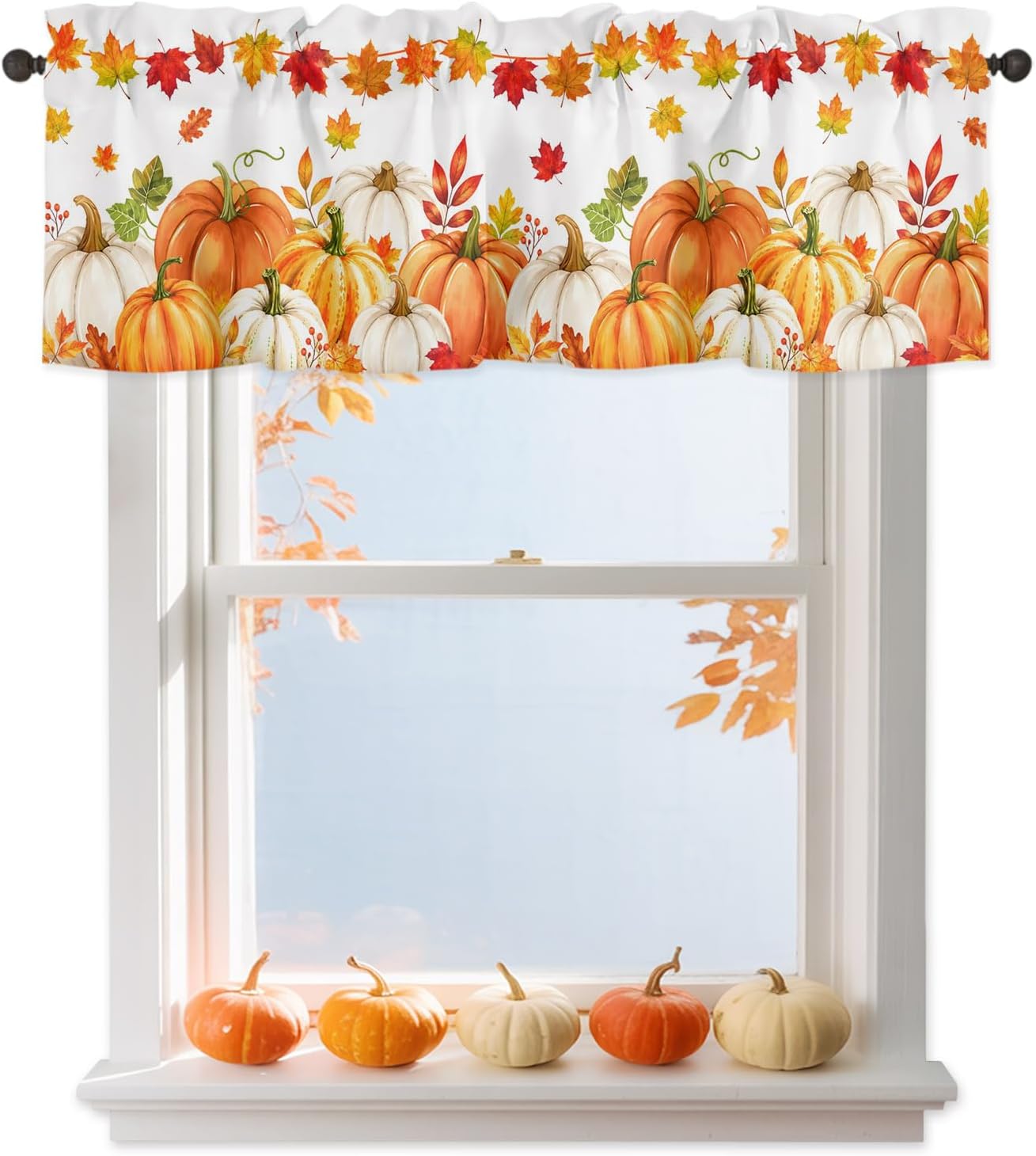 Fall Window Valances Thermal Insulated Rod Pocket Curtains Pumpkin Maple Leaves Orange Yellow Thanksgiving Window Treatments Valance, Tier Drapes for Living Room Bedroom 54" W x 18" L