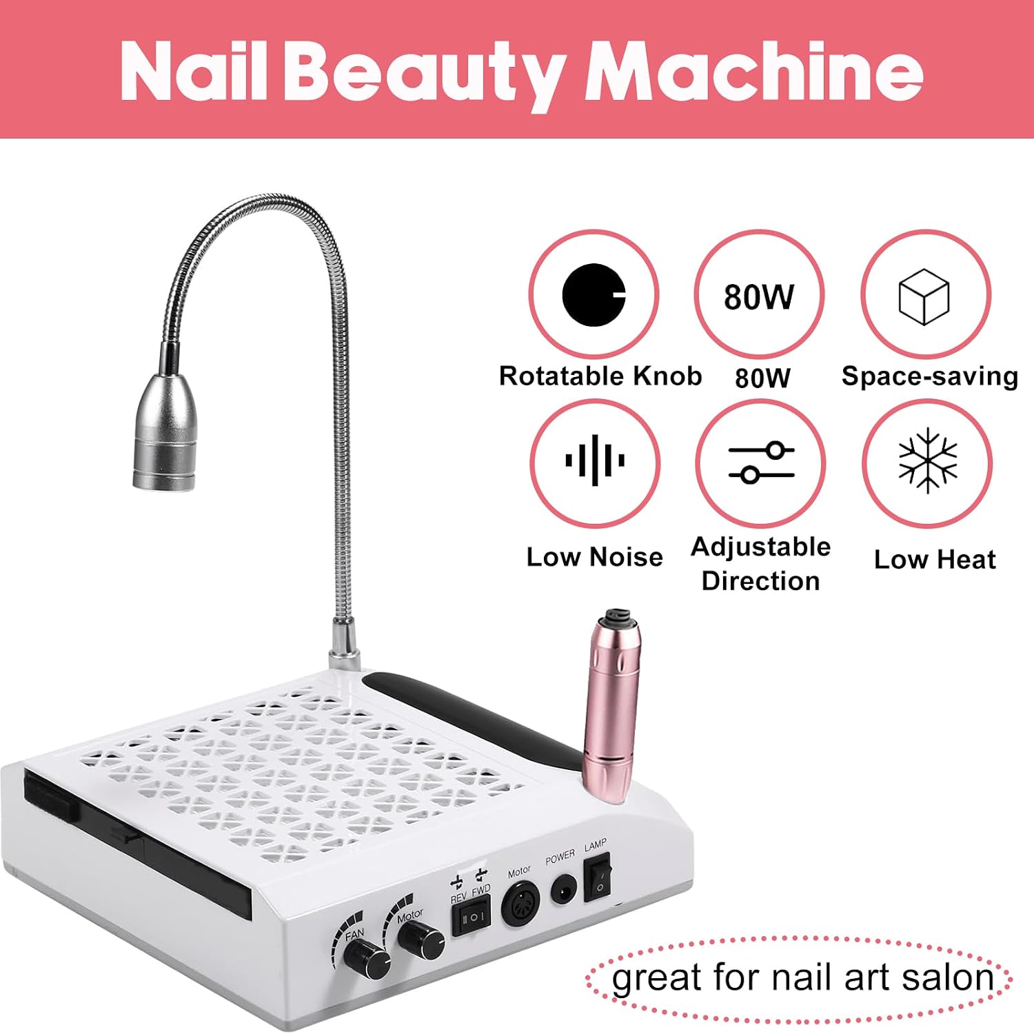 Nail Dust Collector with LED Lamp, Nail Fan Dust Collector & Nail Vacuum Cleaner, Adjustable Wind Speed Desktop Hoover with Nail Drill Pen for Nail Tech, Salon & Home Manicures