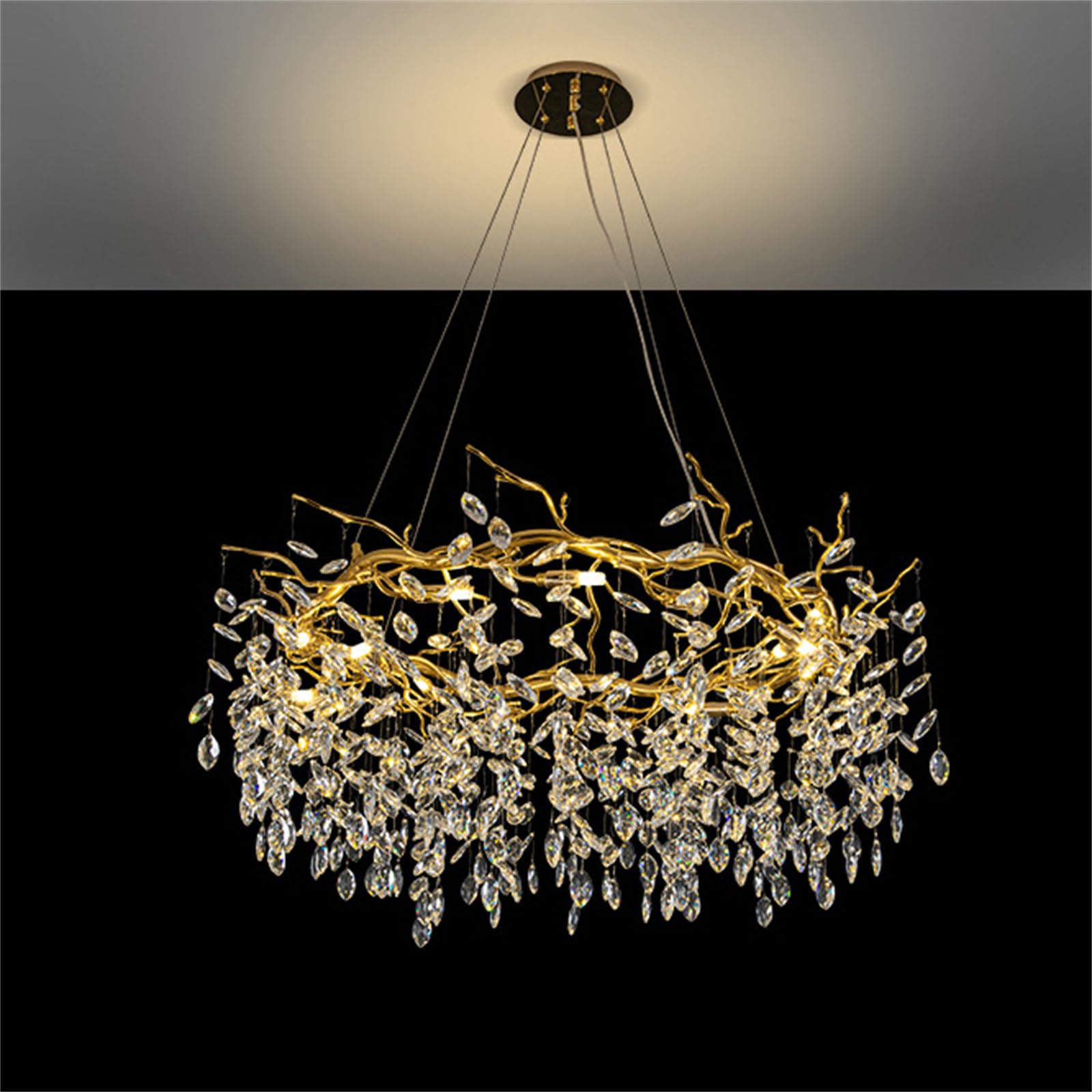 SXECAEPS Modern creative chandelier Gold Crystal for Dining Room, D80cm Tree Branch Round, Large Room Light Fixture Hight Ceiling Pendant Lights, Foyer, Living