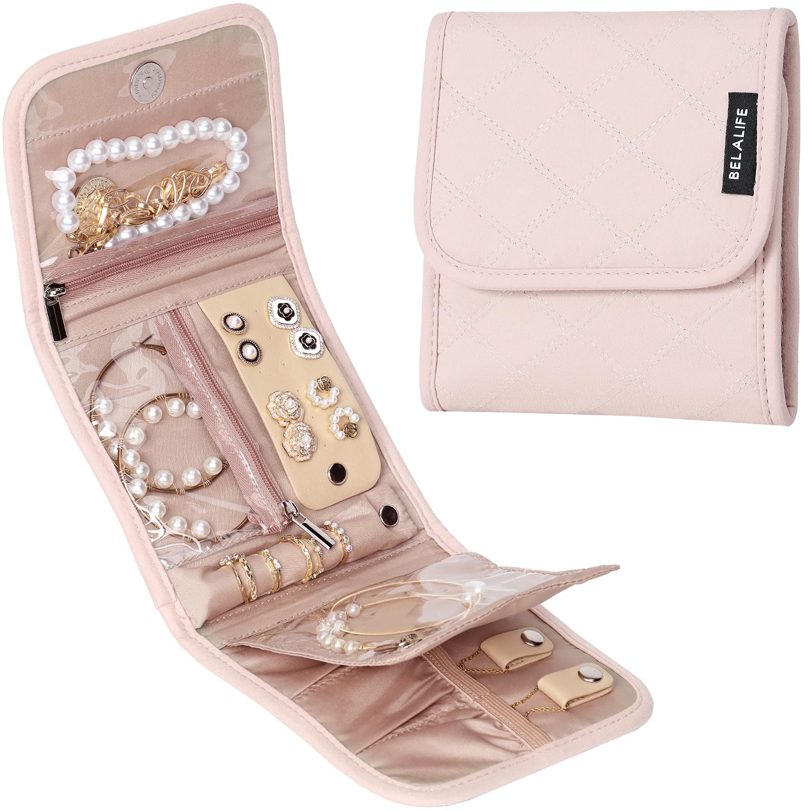 Photo 1 of BELALIFE Travel Jewelry Case Organizer, Small Foldable Storage Roll for Earrings, Necklaces, Rings, Bracelets, Brooches, Pink