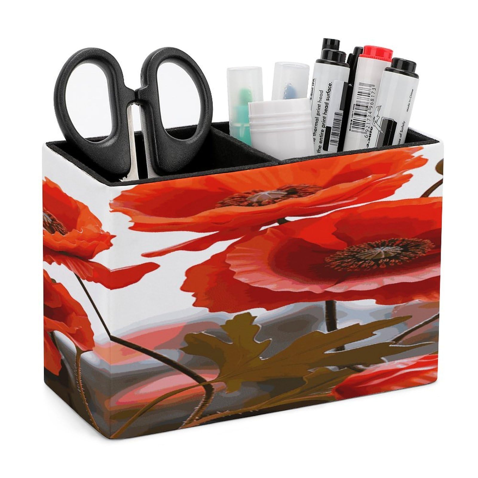 FekiLoot Poppy Flowers Vivid Petals Leather Pen Holder for Desk Double Compartments Brush Minimalist PU Leather Pencil Holder Locker Organizer for Work Locker Accessories Pencil Cup for Desk