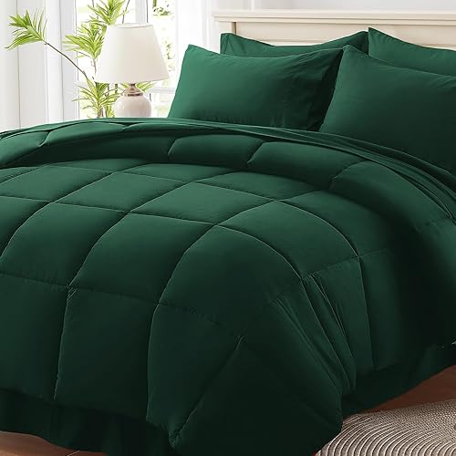 Anluoer Queen Comforter Set 7 Piece, Emerald Green Bed in a Bag with Sheets, Comforters Queen Size Bedding Sets with 1 Comforter, 2 Pillow Shams, 2 Pillowcases, 1 Flat Sheet,1 Fitted Sheet