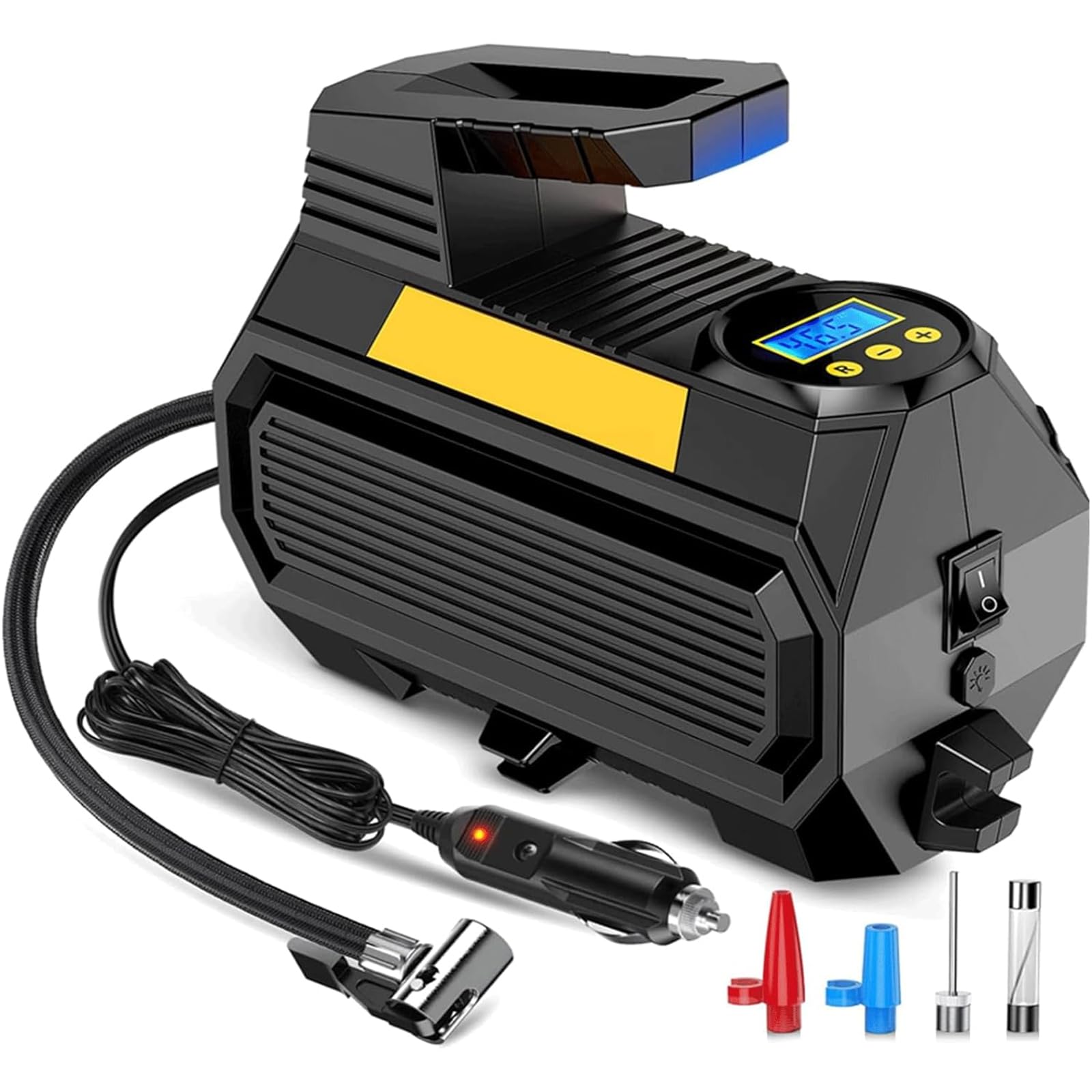 Pompka do opon, przenośna pompa sprężarki powietrza do opon samochodowych, 12 V DC, automatyczna pompa do opon z cyfrowym manometrem, 150 PSI z awaryjnym światłem LED, do roweru samochodowego
