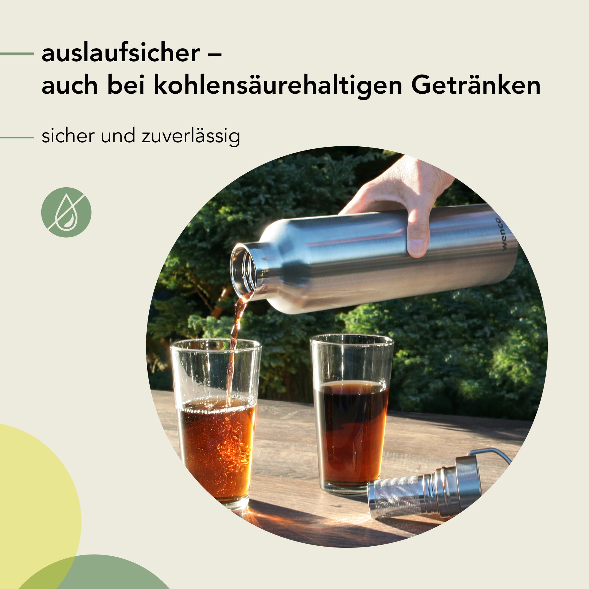 wenco Butelka do picia ze stali nierdzewnej, 1 l/1000 ml, izolowana i zabezpieczona przed wyciekiem, do zimnych i gorących napojów, może być również używana jako termos – z sitkiem do herbaty – nadaje