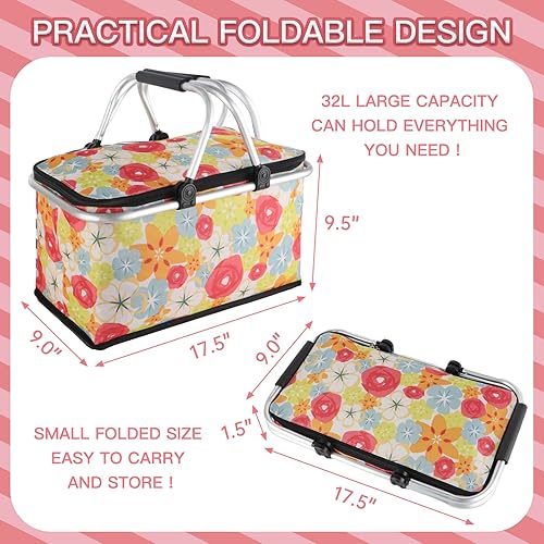 Miniatura 4 de KEFOMOL Cesta de picnic aislada, bolsa térmica plegable, cesta de comestibles de 32 litros con tapa, 2 asas resistentes, cesta de almacenamiento