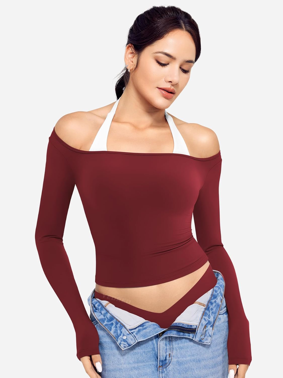 YEOREO Long Sleeve Workout Tops for Women Square Neck Slim Fitted Double Lined Compression Shirt Basic Casual Gym Yoga Tops - Image 4