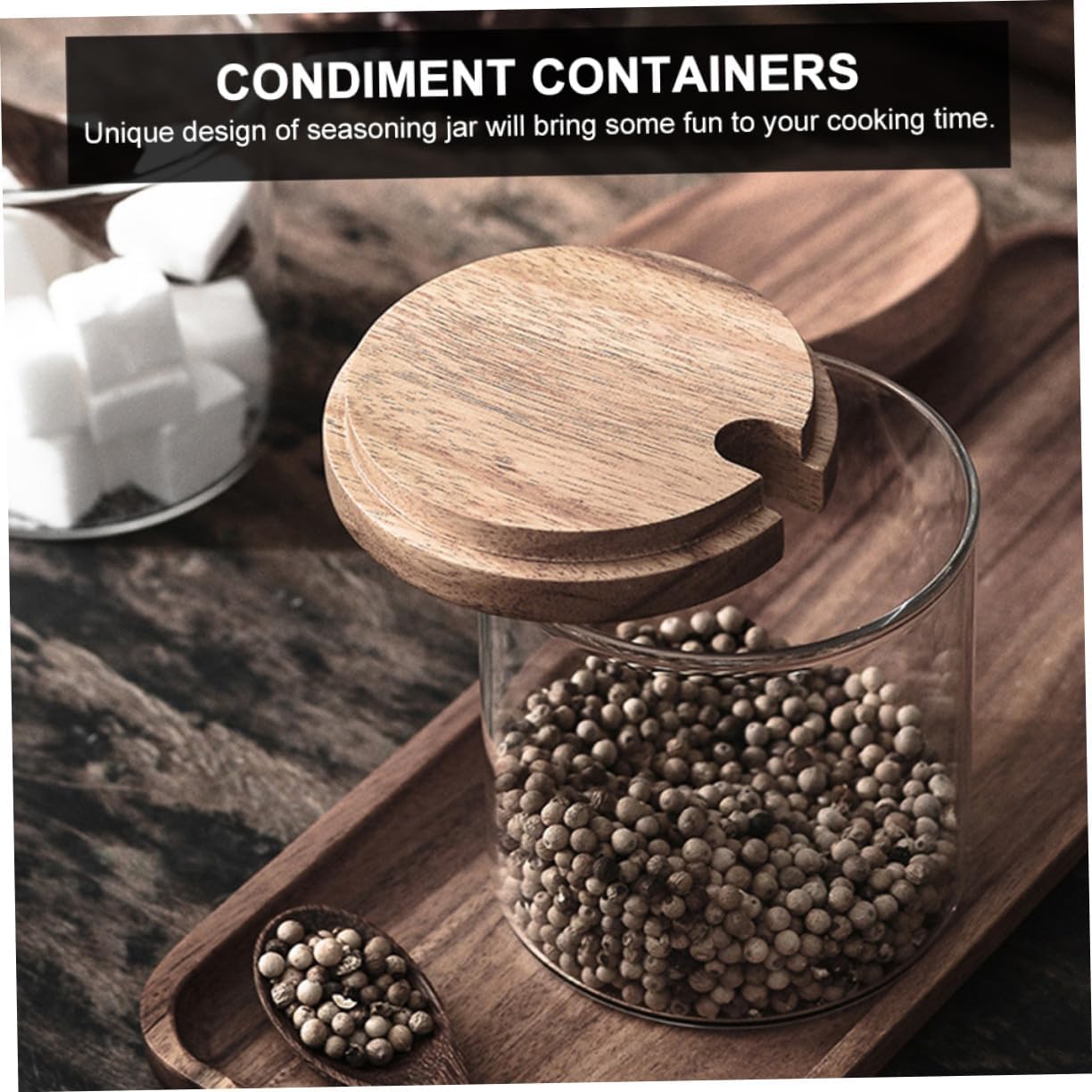 調味料入れ 実木蓋付き ガラス製スパイスジャー スプーン トレイ付き キッチン収納 調味料保存容器
