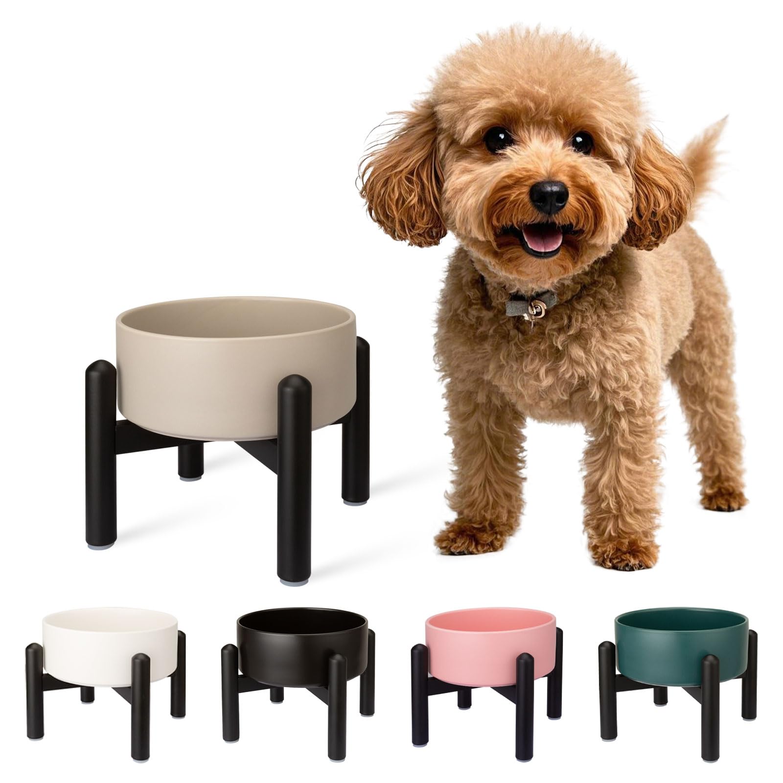 Raised Ceramic Dog Bowl - Elevated Food Water Dish with Stainless Steel Stand - For Small to Medium Dogs - 6 Inch - 2 Cups (28.75 fl oz) - Grey