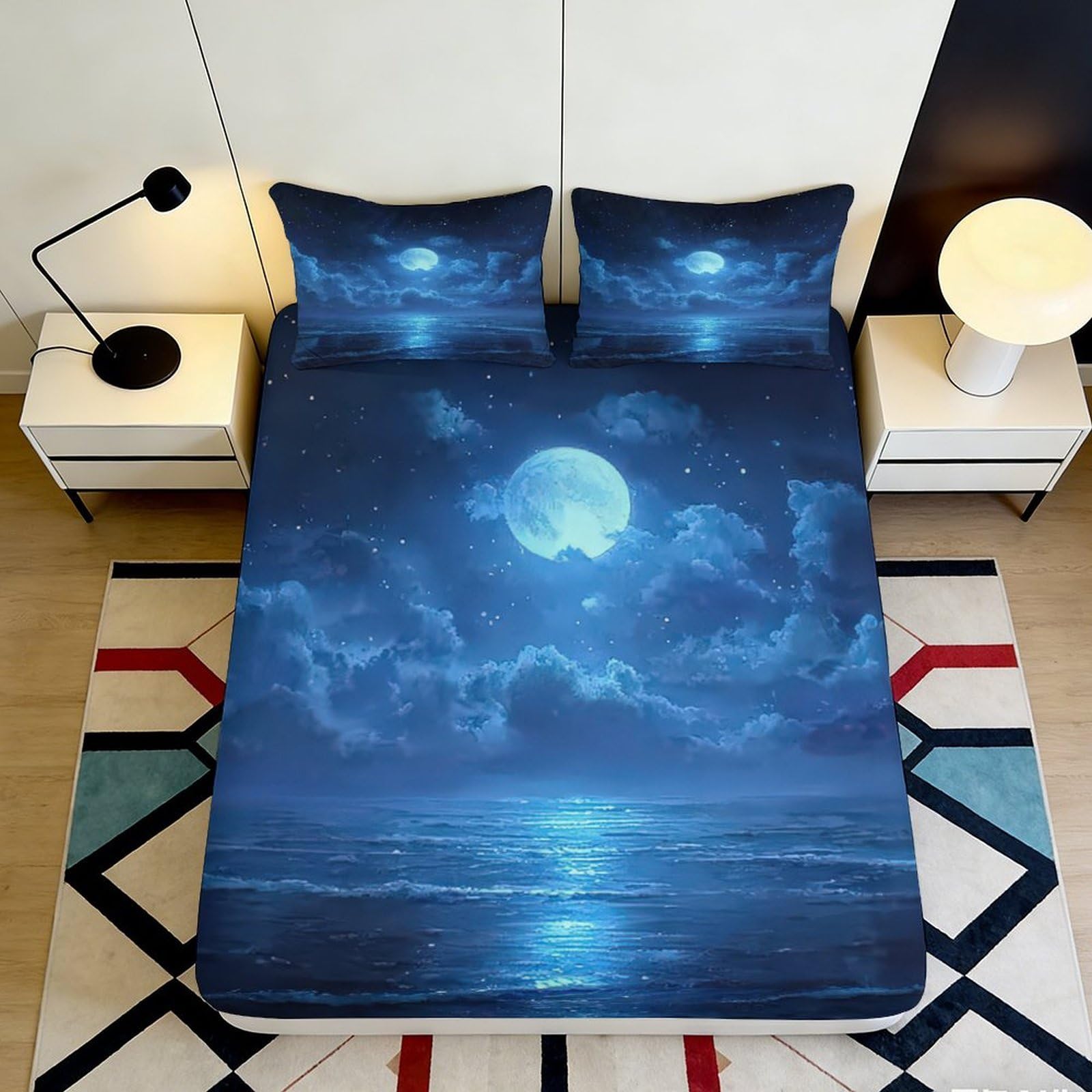 3D Printed Moonlit Ocean Fitted Sheet Microfiber Anti-Slip Starry Night Mattress Cover for Bedroom Dorm Home Decor 120x200x25cm