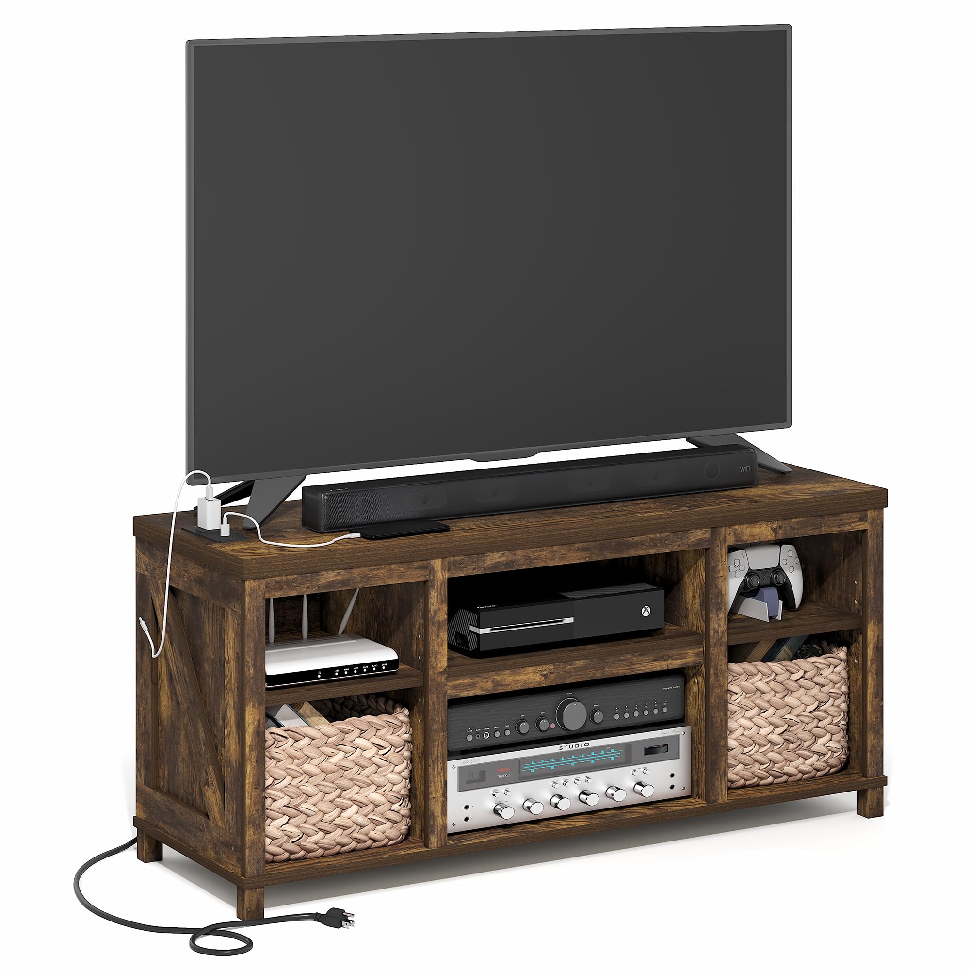 Photo 1 of ***STOCK PHOTO FOR REFERENCE ONLY***Furinno Farmhouse TV Stand, Entertainment Center, TV Console for TV up to 55 Inch with USB Ports & Power Outlets and Storage, for Living Room, Bedroom, Amber Pine