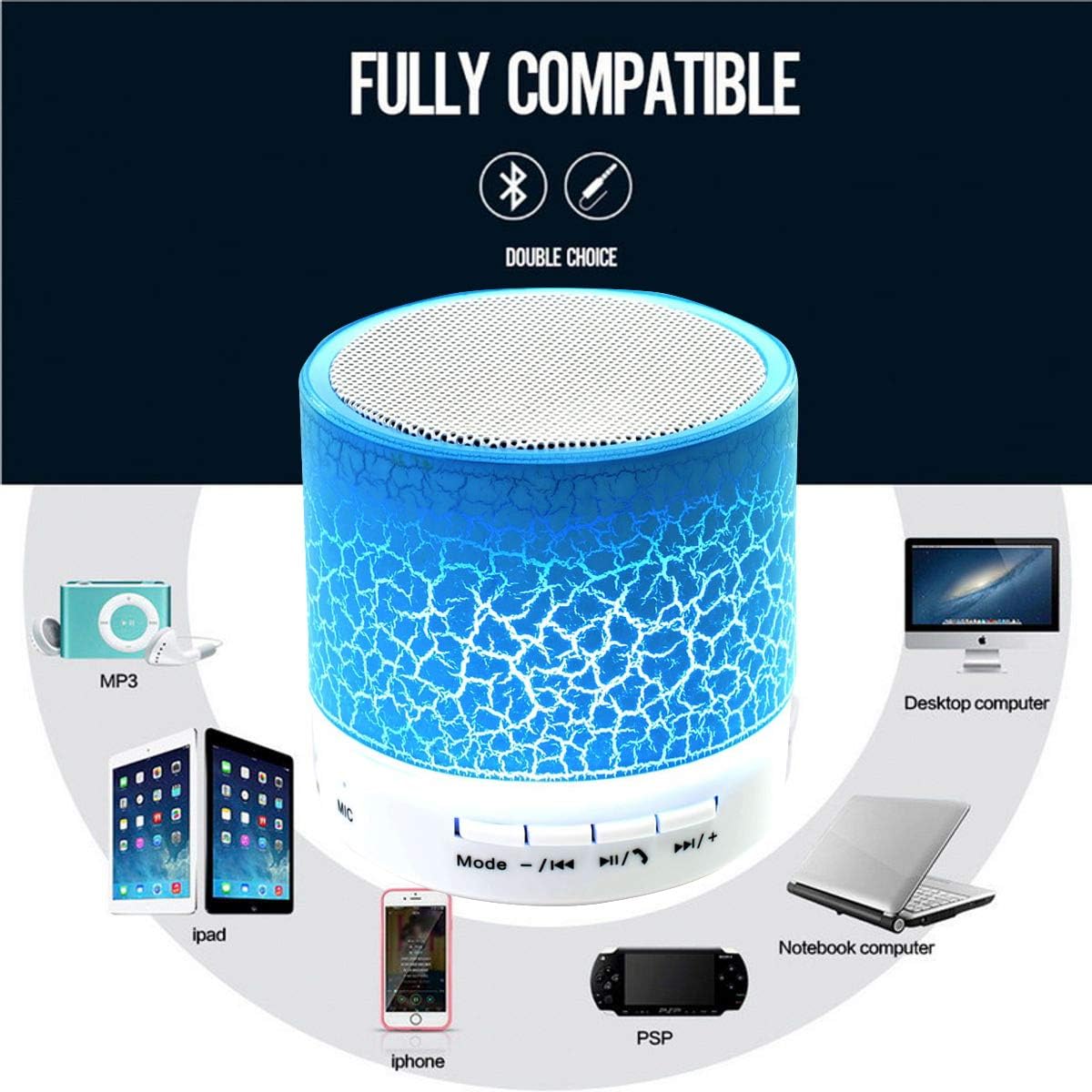 MCNNADI Portable Bluetooth LED Mini Speaker with Hands Free Calling, FM Radio, Microphone, Amplifier, Stereo Sound, MicroSD/TF, USB, 3.5mm Jack, Luminous Changing Lights, 5H Playtime (Blue)