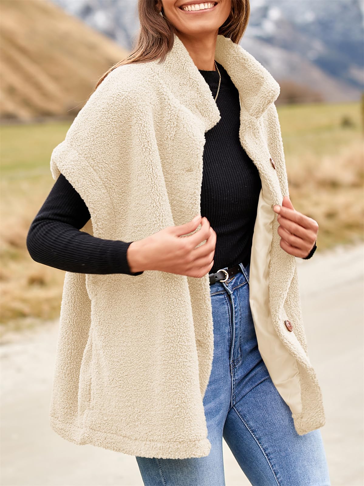 Tanakneo - Gilet oversize da donna, in pile, senza maniche, peloso, alla moda, casual, con bottoni