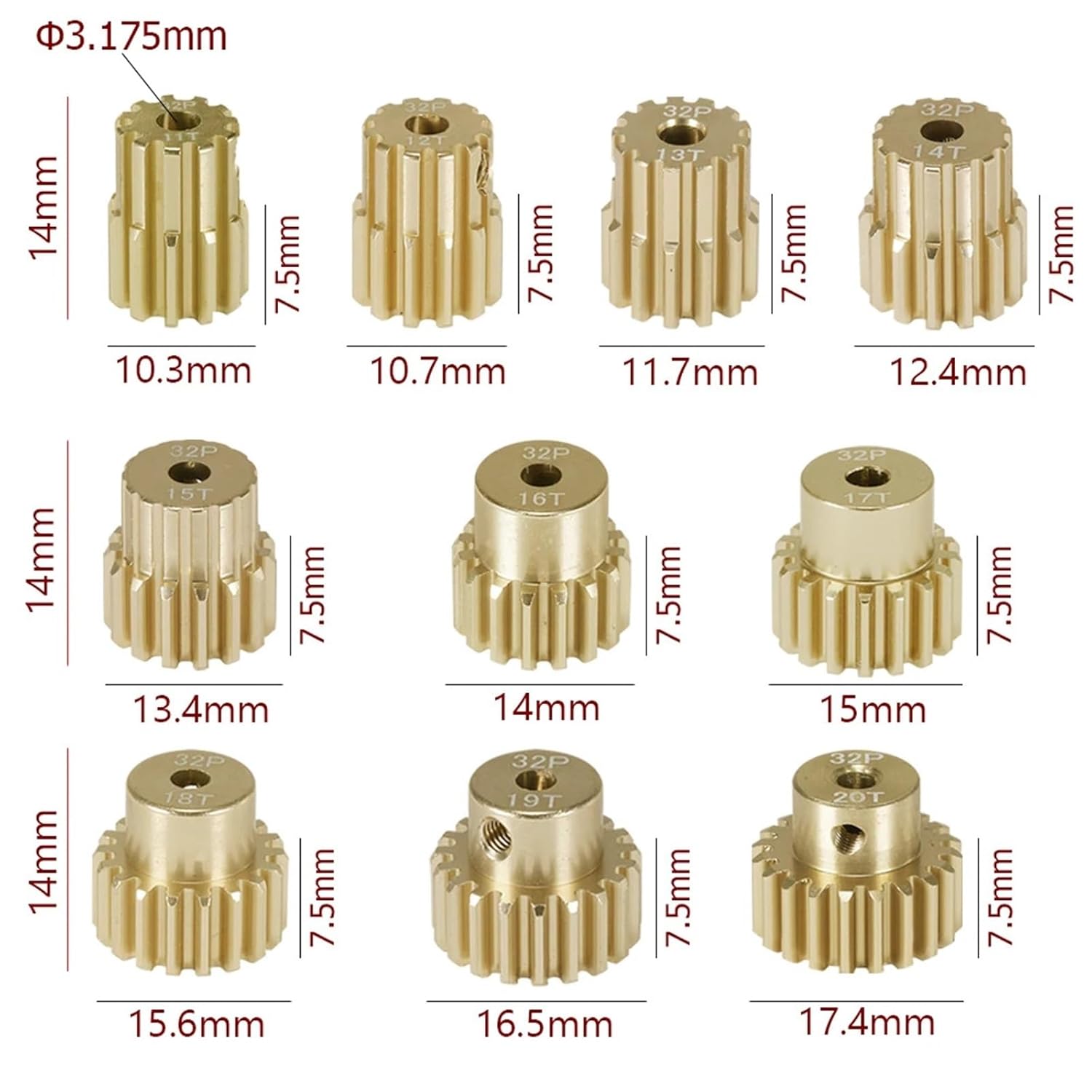 5Pcs 32DP 3.175mm Motor Gear Pinion 7075 Aluminum Alloy 11T-15T 12T-16T 13T-17T 14T-18T 15T-19T 16T-20T(15T 16T 17T 18T 19T)